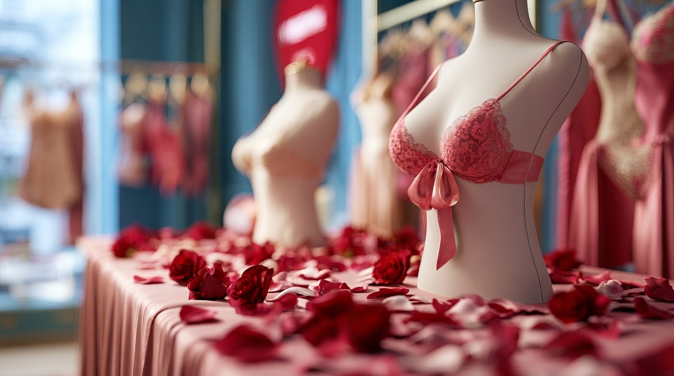 Présentation raffinée de produits bien-être sur des présentoirs design dans un love store élégant